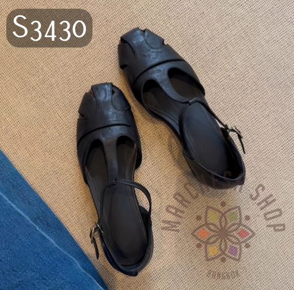 S3430 - 軟羊皮鏤空T帶方頭平底涼鞋