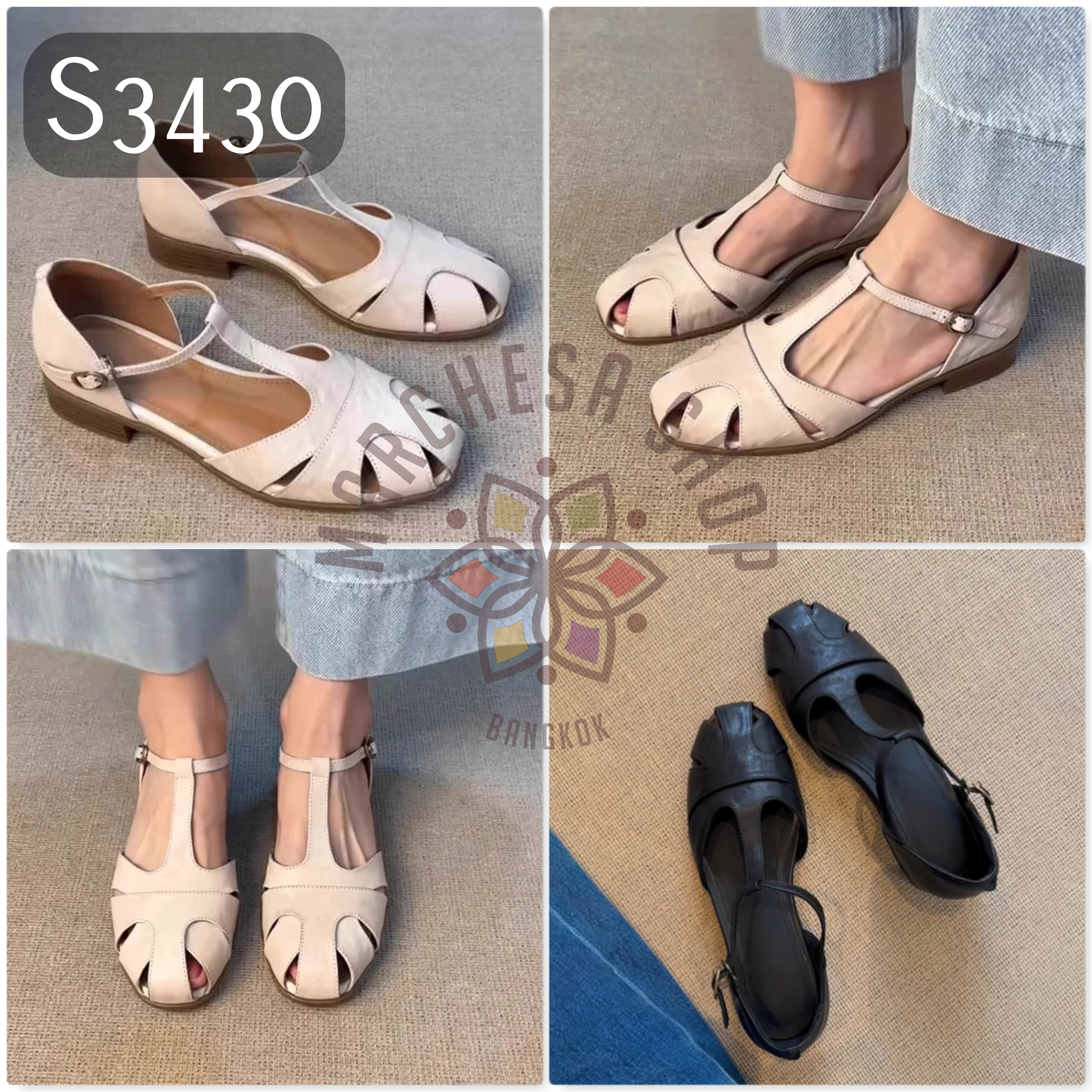 S3430 - 軟羊皮鏤空T帶方頭平底涼鞋