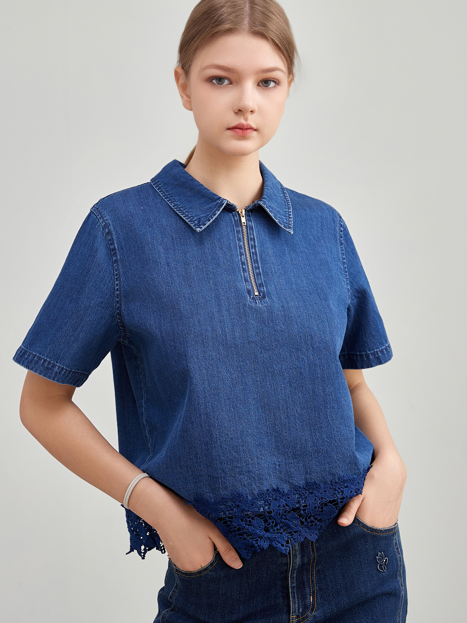 mi-tu 拼接蕾絲牛仔恤衫