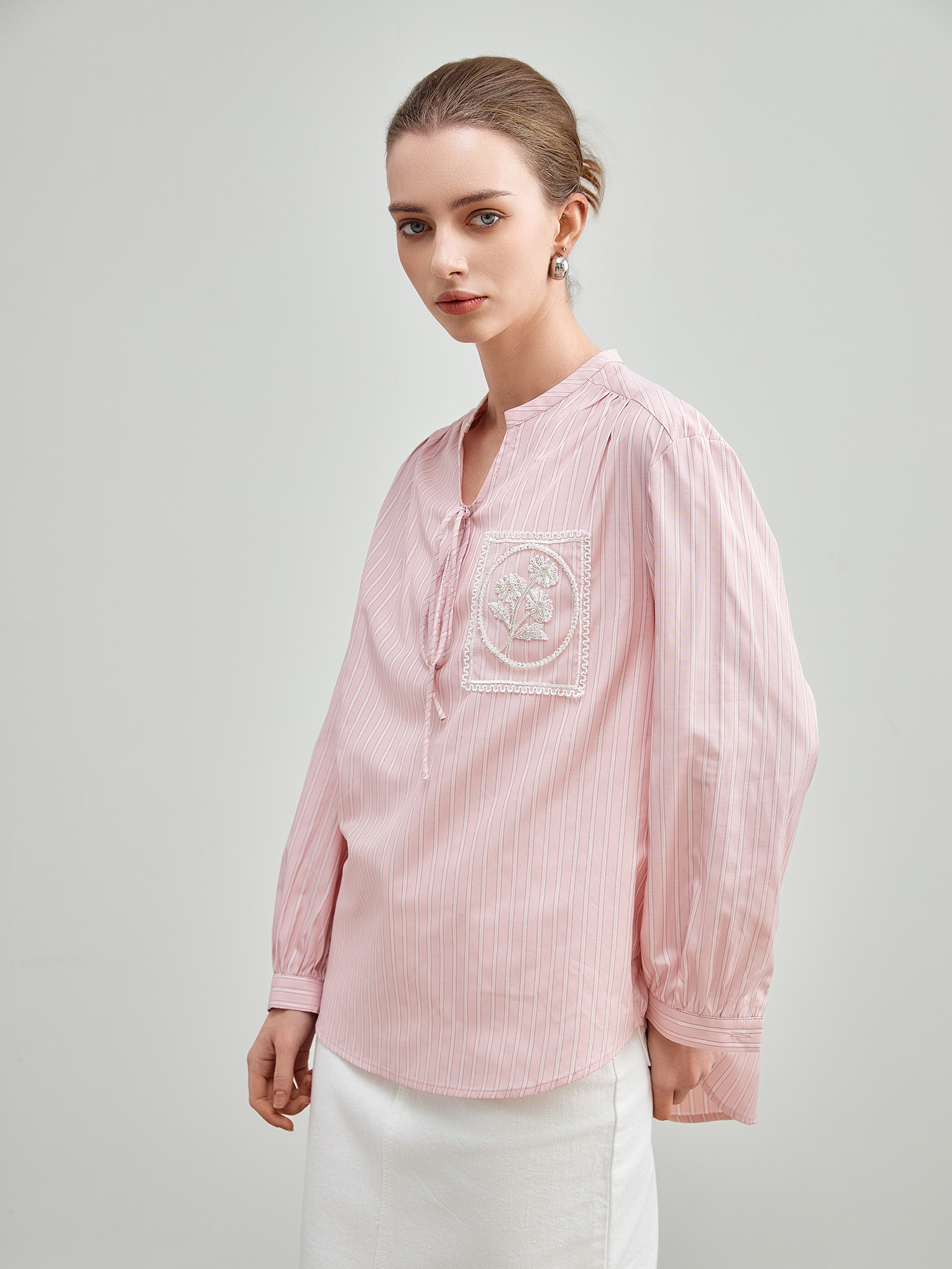 mi-tu條紋印花V領恤衫