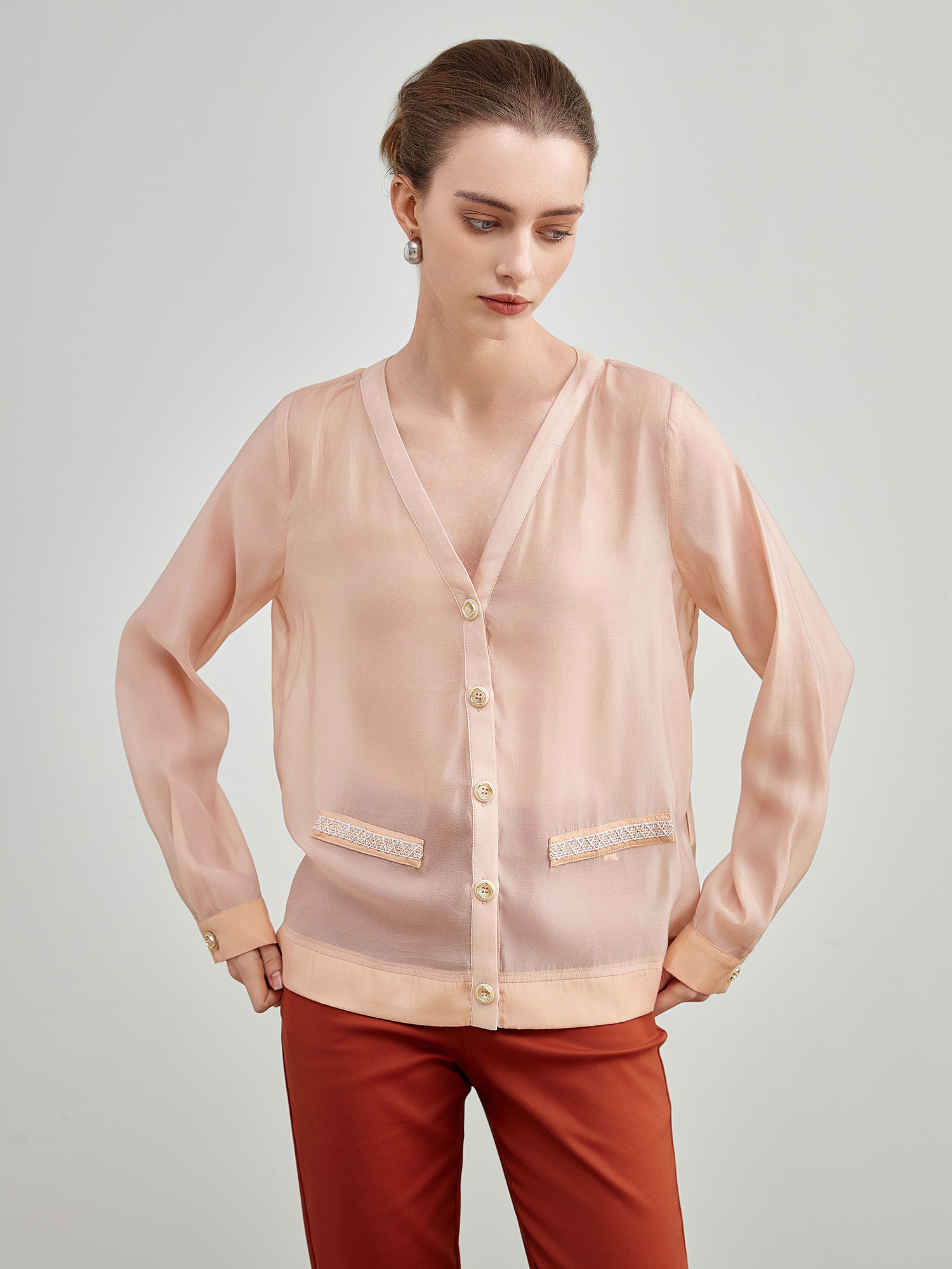 mi-tu V領珠片薄紗衫