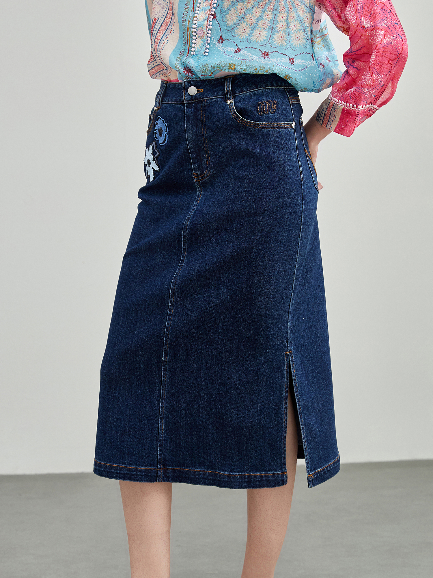 mi-tu 印花水洗牛仔半身裙