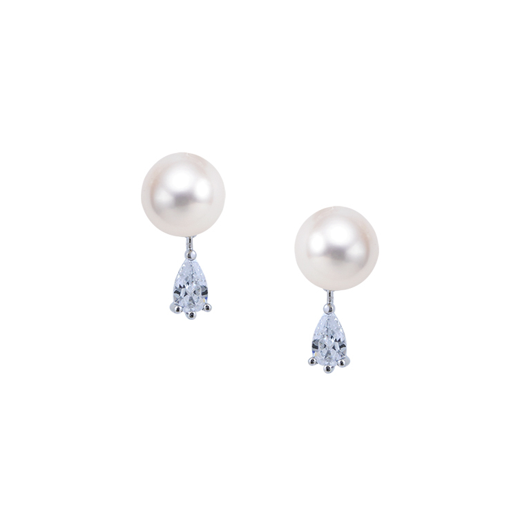 天然珍珠 925純銀「水滴」晶鑽耳環-SPE0026