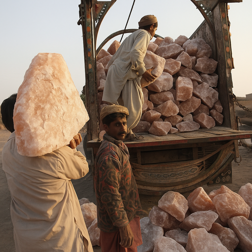 南亞工人從裝飾華麗的卡車上裝載粉紅岩鹽巨石的場景