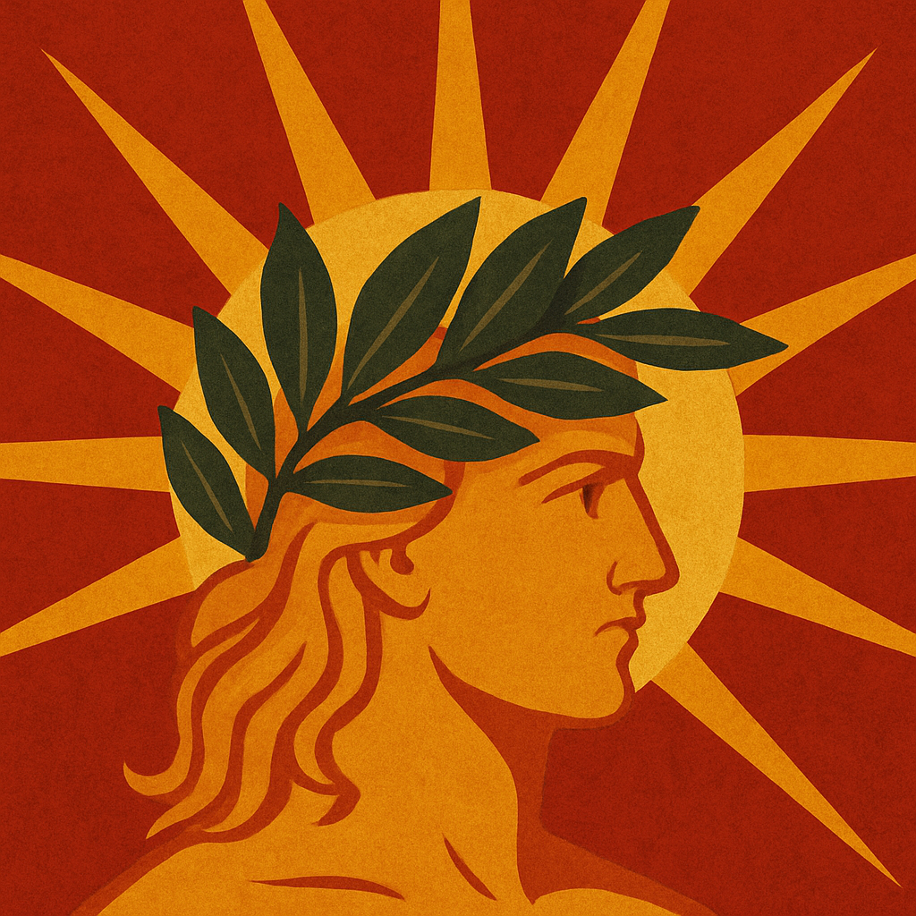 以太陽神阿波羅為靈感的插畫，配戴著象徵榮耀的月桂葉冠冕，背景為放射狀太陽光芒