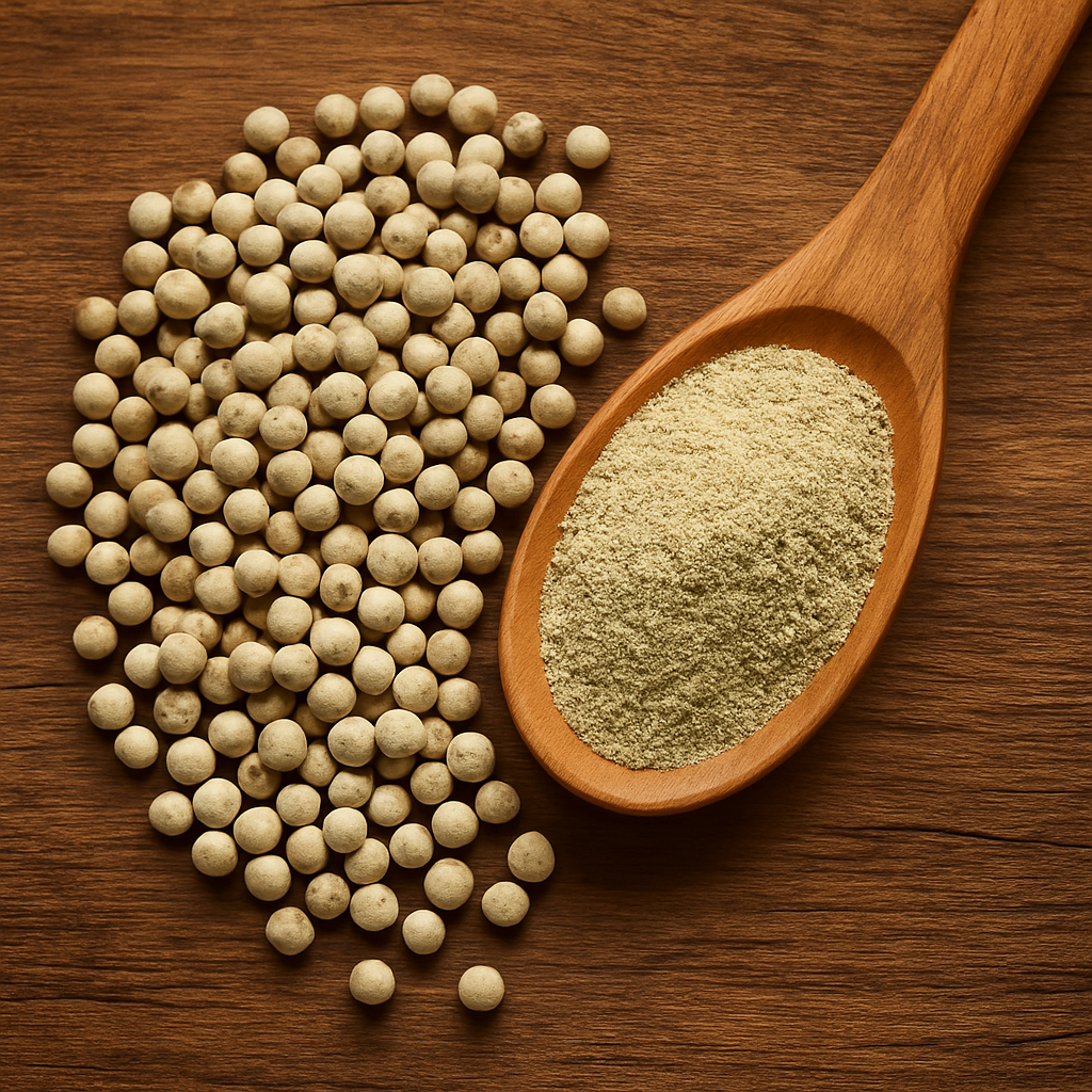 散落在木製桌面上的白胡椒粒與裝有白胡椒粉的木匙