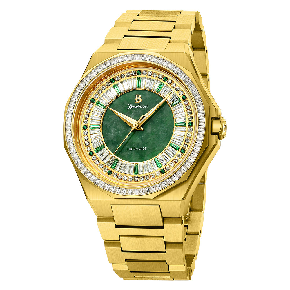 【Bruboses 巴伯思】 BS008 翡翠 真鑽 表面包金 晶鑽 鏤空 夜光指針 機械 手錶
