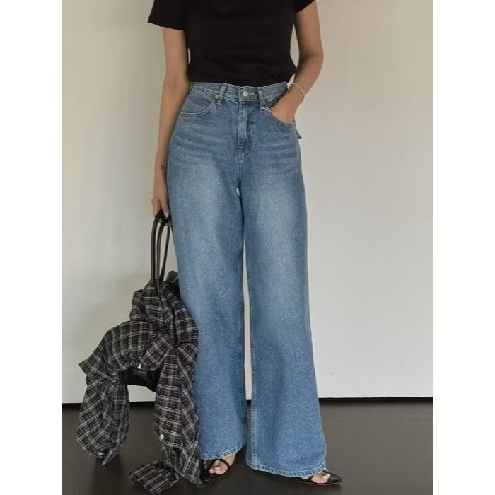 506 正韓寶蓋口袋落地牛仔寬褲