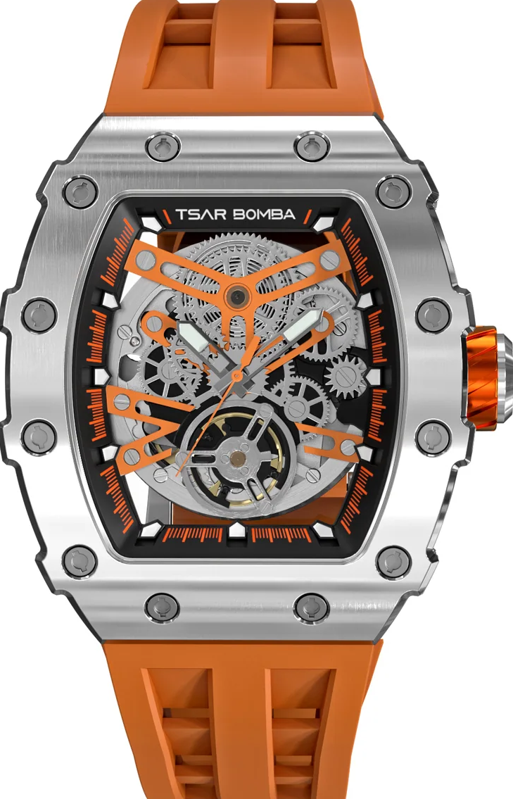 萬年鐘錶 - TSAR BOMBA 機械公爵 銀色表框矽膠錶帶機械透視機芯男錶 TB8208A-18 錶徑 43MM