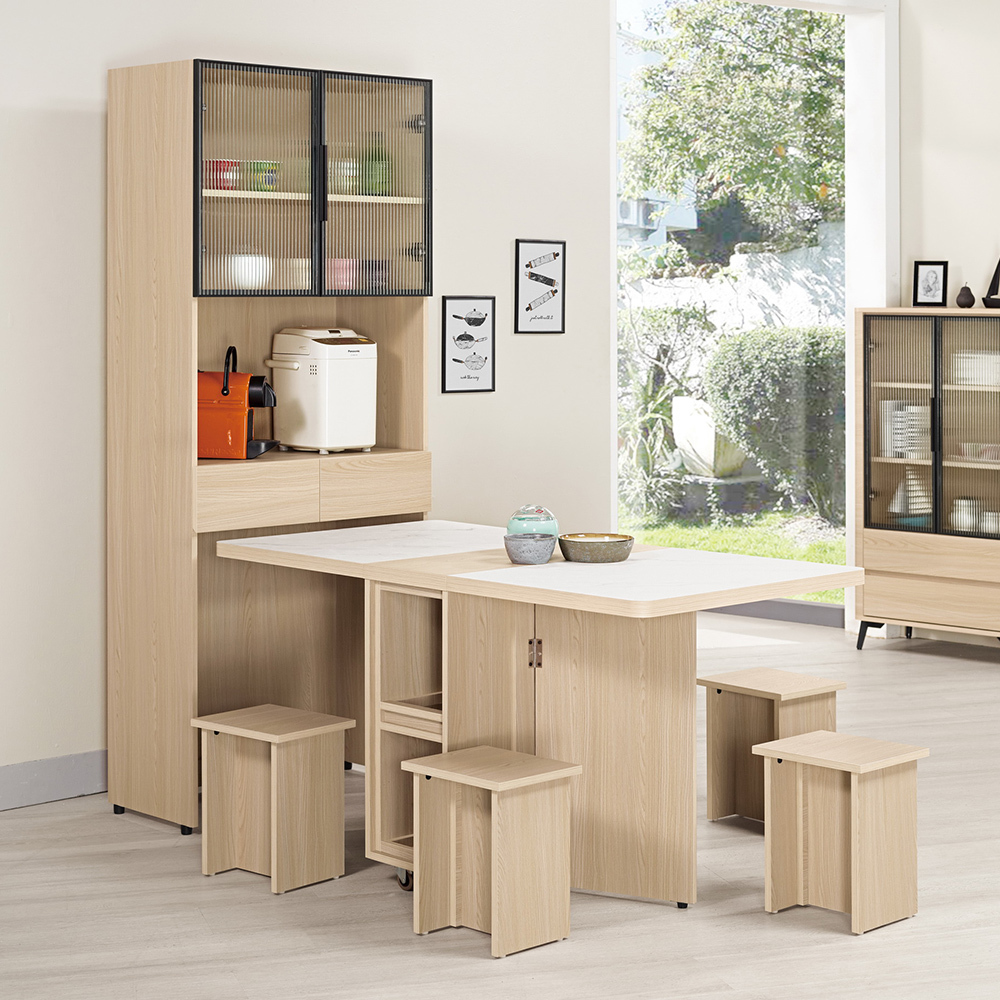 恩洛2.7尺長虹玻璃仿石面L型餐櫃餐桌組合/伸縮折疊餐桌中島櫃(電器櫃+折合餐桌+椅凳四入-兩色)