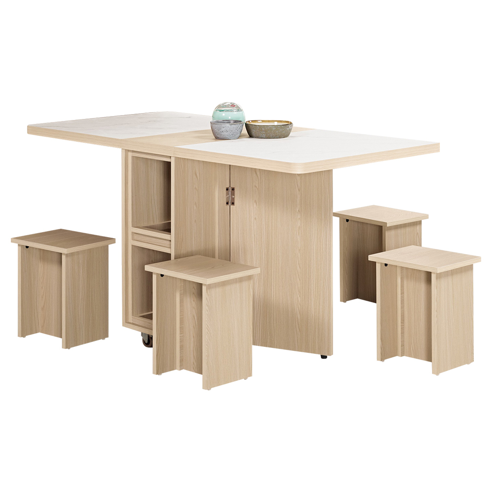 恩洛2.5尺仿石面多功能伸縮折疊桌(折合餐桌+椅凳四入-兩色可選)