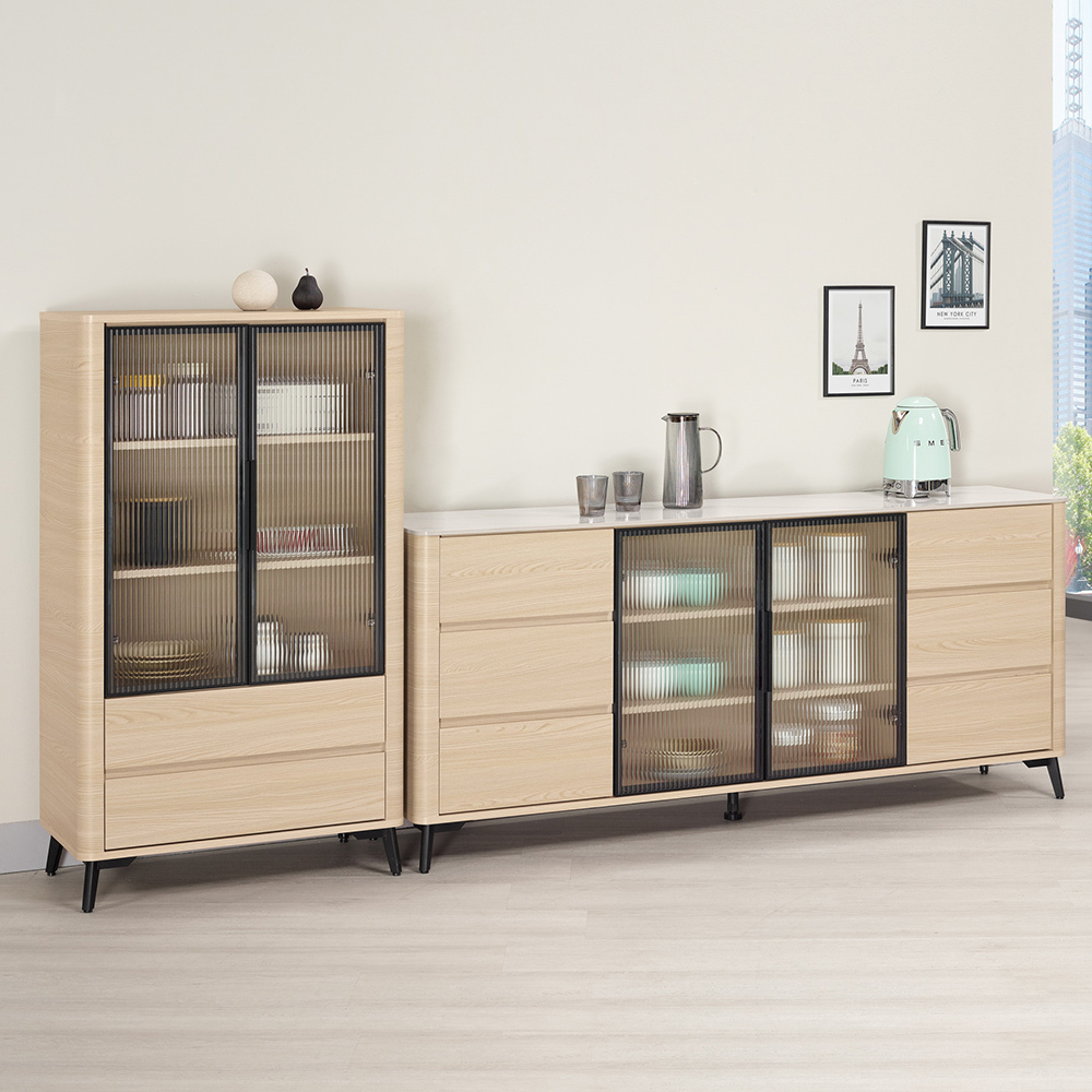 恩洛8.5尺長虹玻璃L型收納餐櫃/玄關櫃組合(2.5尺多功能收納櫃+6尺岩板碗盤置物矮櫃)