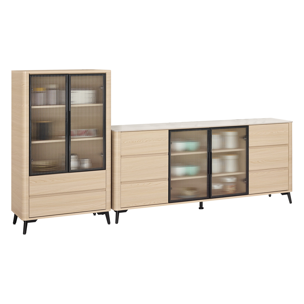 恩洛8.5尺長虹玻璃L型收納餐櫃/玄關櫃組合(2.5尺多功能收納櫃+6尺岩板碗盤置物矮櫃)