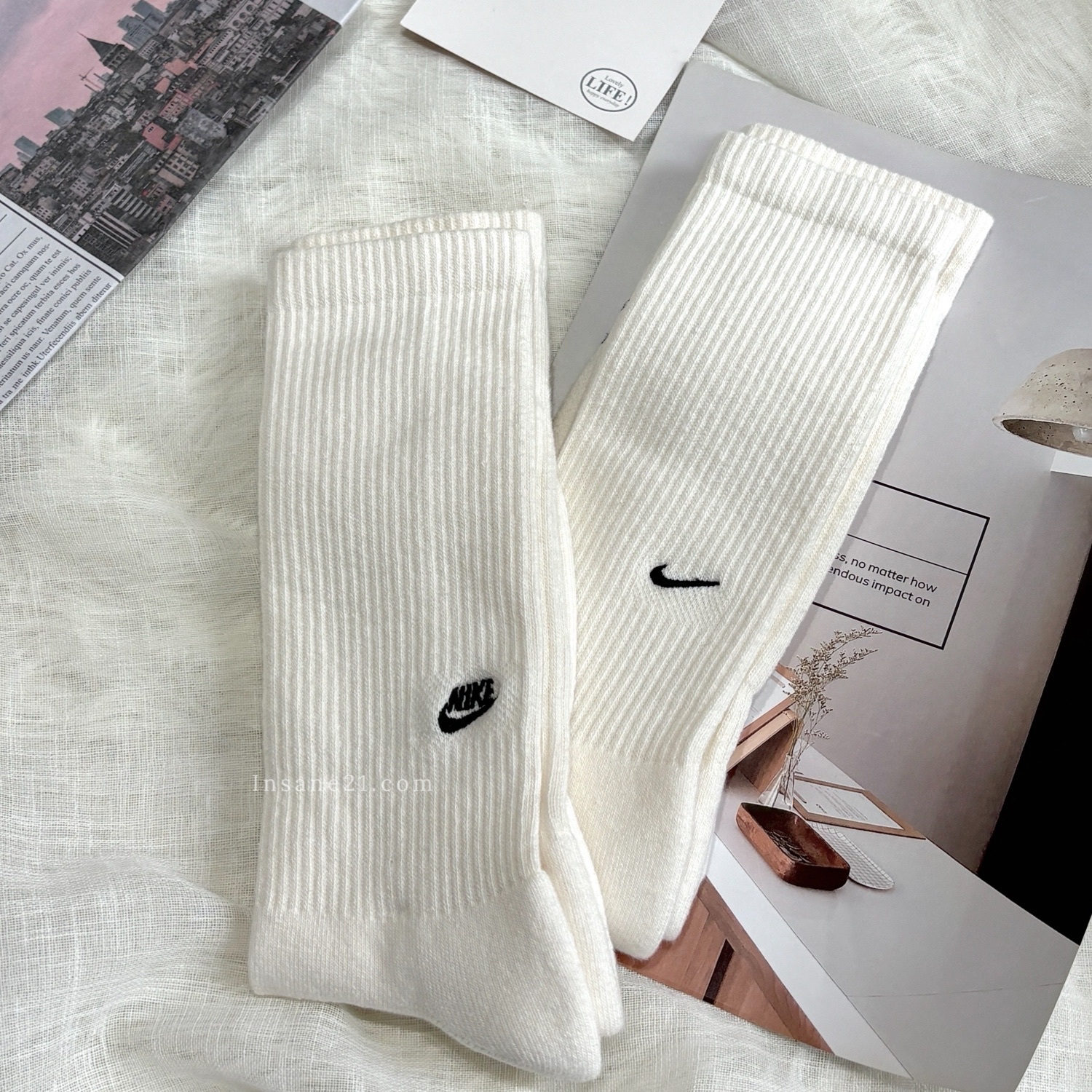 NIKE SOCKS 長襪 米白 刺繡小LOGO FZ3073-133
