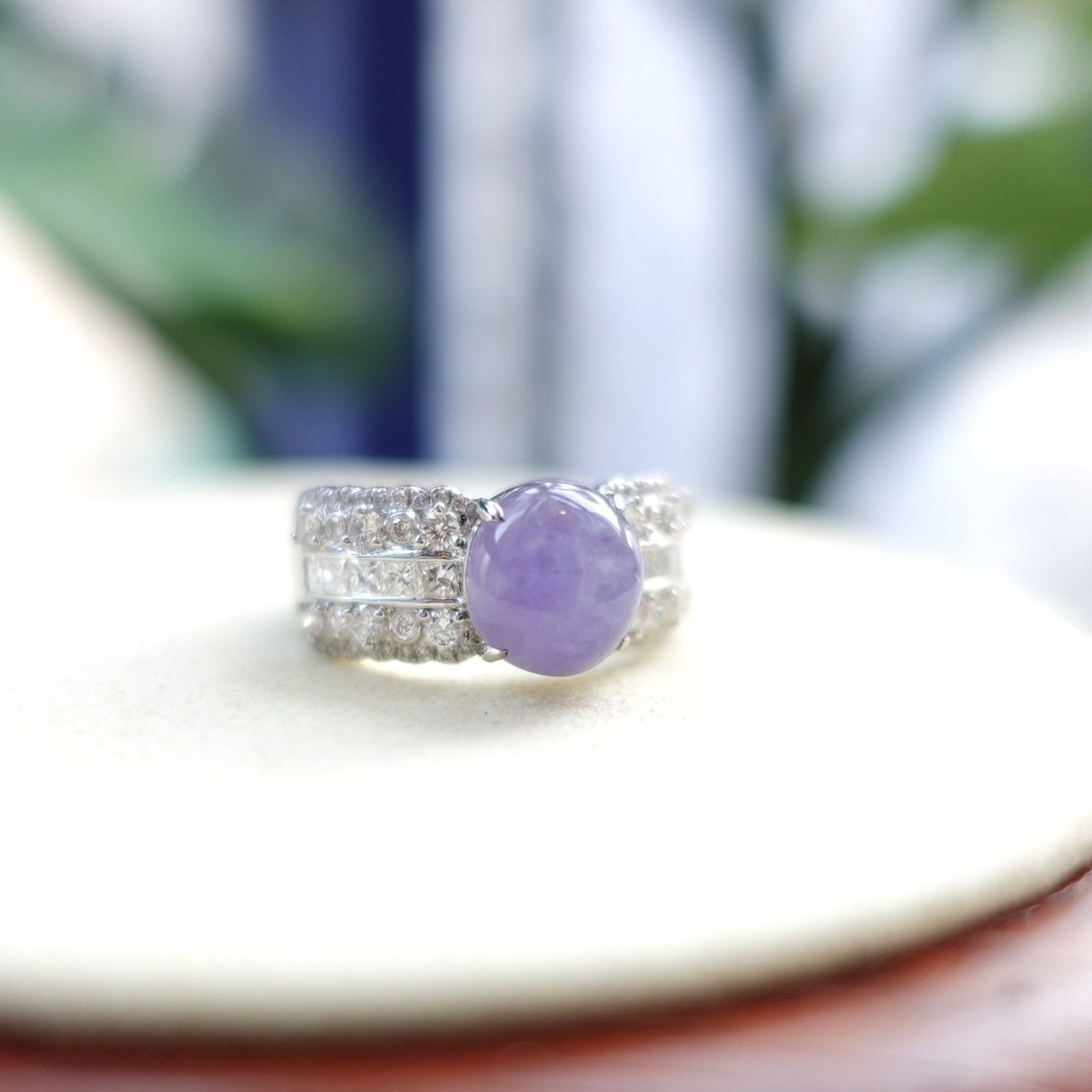 18K金鑽石冰糯種紫羅蘭翡翠戒指