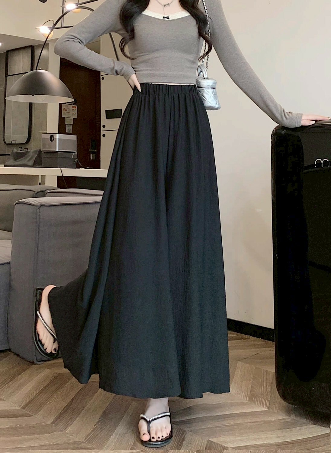 鬆緊腰冰絲素面長裙