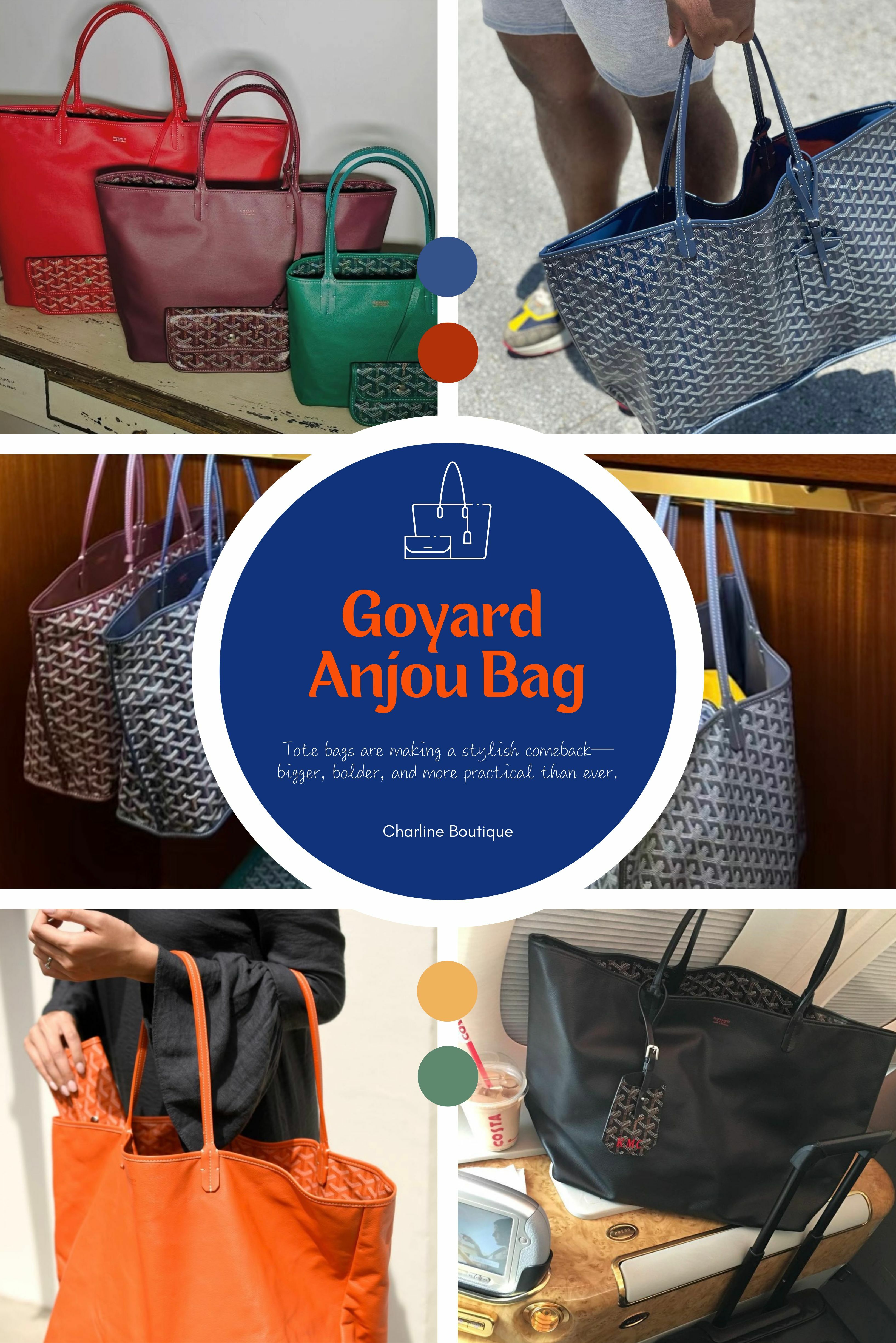 【二、Anjou Bag——質感與變化兼備的升級之選】 當您已經擁有或熟悉 Saint Louis 之後，會發現 Anjou Bag 的魅力在於它將經典老花與皮革結合，創造出雙面都可使用的高級質感。Anjou 的外觀乍看與 Saint Louis 相似，實則在用料與結構上全面升級。Anjou 採用 Goyardine 老花帆布為外層，內裡則是全小牛皮，這種設計讓您可根據穿搭需求，隨時翻面變換皮革或老花兩種風格——老花面朝外時是經典辨識度，翻到皮革則是低調奢華，宛如兩只包。 Anjou 同樣分為 PM（46x15x28cm）和 GM（56x19x33cm）兩個尺寸，容量較 Saint Louis 略大，底部加厚，包身也更加有型。即使裝進較重物品，Anjou 的結構也較不易塌陷、變形，對於追求「包型挺拔」的消費者來說，是一大福音。此外，Anjou 也配有同色收納小包，細節處見品牌用心。 Anjou 也有十一色選擇，能滿足您從極簡黑、沉穩咖到明亮黃、橘、酒紅等各種需求。如果您追求一只能隨心變換、兼顧時髦與質感的 Goyard 托特，Anjou 絕對是您的升級之選。
