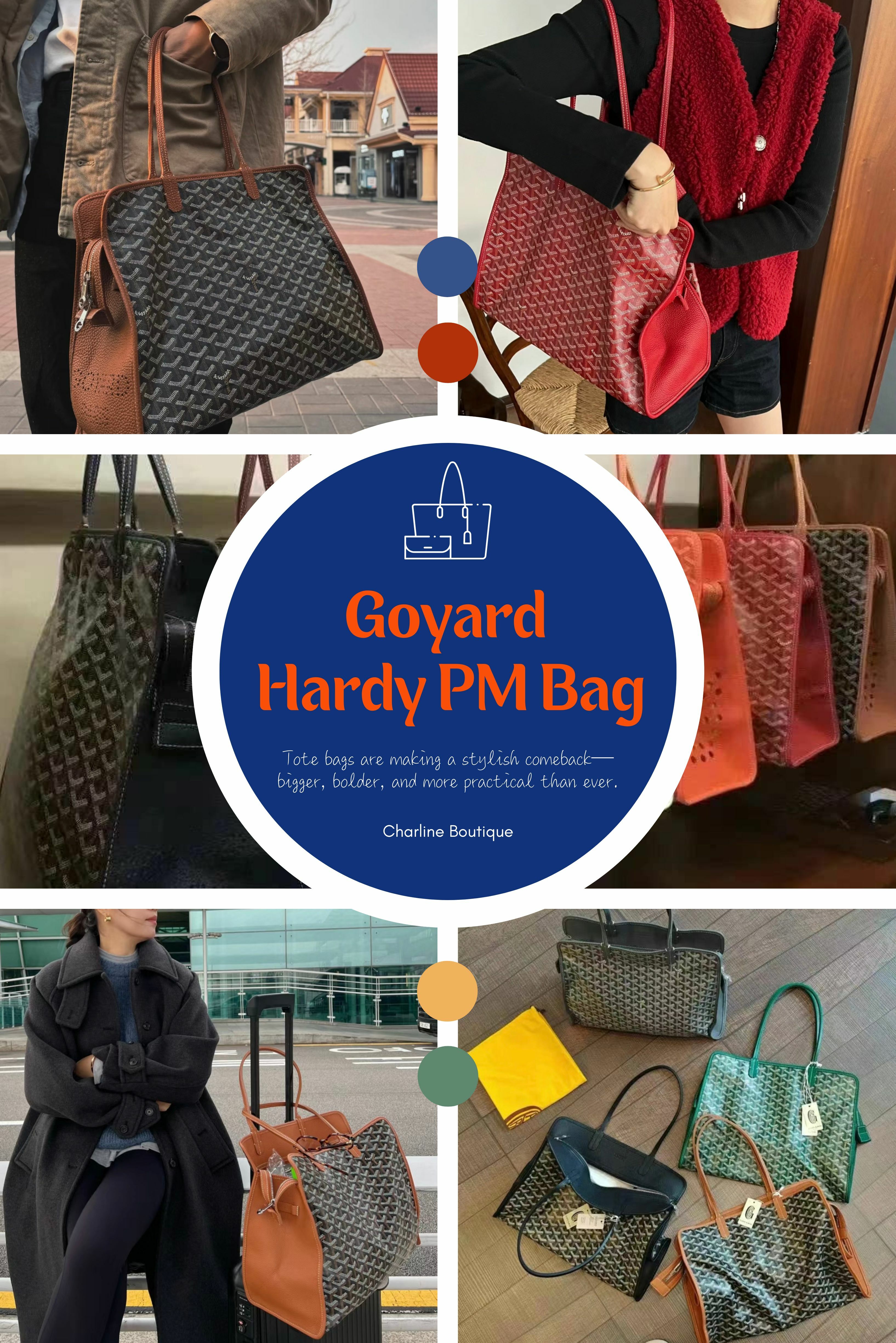 【六、Hardy PM Bag——容量至上，旅行族的首選】 如果您是個隨時都帶一大堆東西出門的人，或者常常出差、短途旅行，那 Hardy PM Bag 一定會深得您心。這款包的尺寸為 40x17x31cm，是同級包款中容量表現最突出的選擇之一。包型方正，內部空間極大，裝得下筆電、資料夾、甚至簡單換洗衣物都沒問題，非常適合商務人士、學生、媽媽族群。Hardy PM Bag 的底部與邊角皆有皮革強化設計，不怕長時間背負造成磨損。側邊還有Goyard簍空的編制性字樣，非常的與眾不同！這款包一樣十一色齊全，無論您想要大地色、亮色或經典黑都能找到合適的顏色。這是一款兼顧實用與耐用但是又能背出隨性感的「功能型托特」。