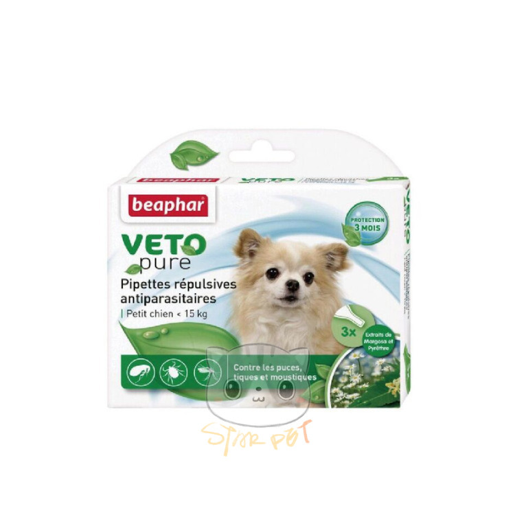 Beaphar VETO Pure Bio Spot On for Small Dog <15kg - Repels Fleas Ticks & Mosquitoes 3pcs