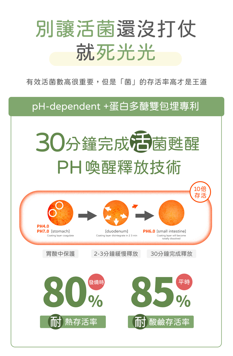 活菌抵達腸胃存活率達85%