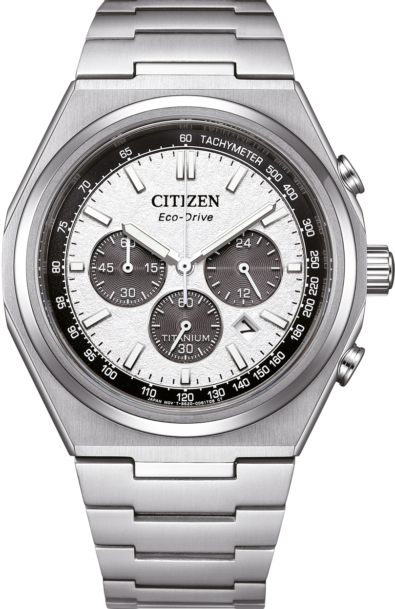 萬年鐘錶 - Citizen 星辰錶  超級鈦金屬太陽紋理白色面盤三眼計時光動能男錶 CA4610-85A  錶徑43MM