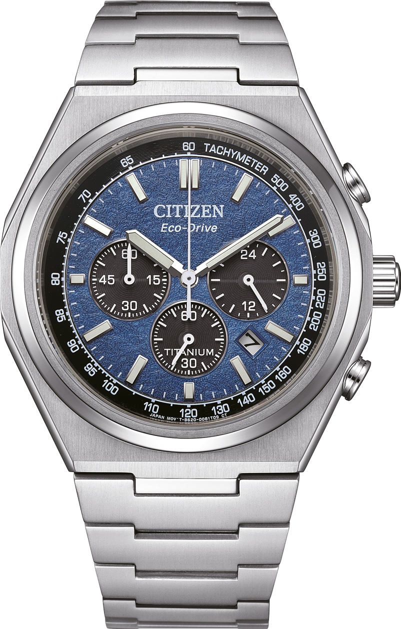萬年鐘錶 - Citizen 星辰錶  超級鈦金屬太陽紋理藍色面盤三眼計時光動能男錶 CA4610-85L 錶徑43MM