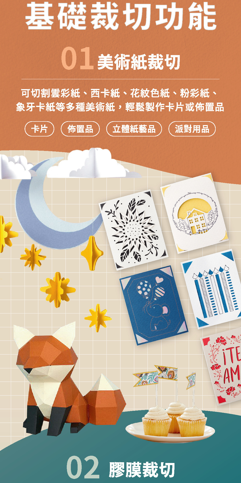 基礎裁切功能01美術紙裁切可切割雲彩紙、西卡紙、花紋色紙、粉彩紙、象牙卡紙等多種美術紙,輕鬆製作卡片或佈置品卡片 佈置品 立體紙藝品 派對用品02 膠膜裁切AM
