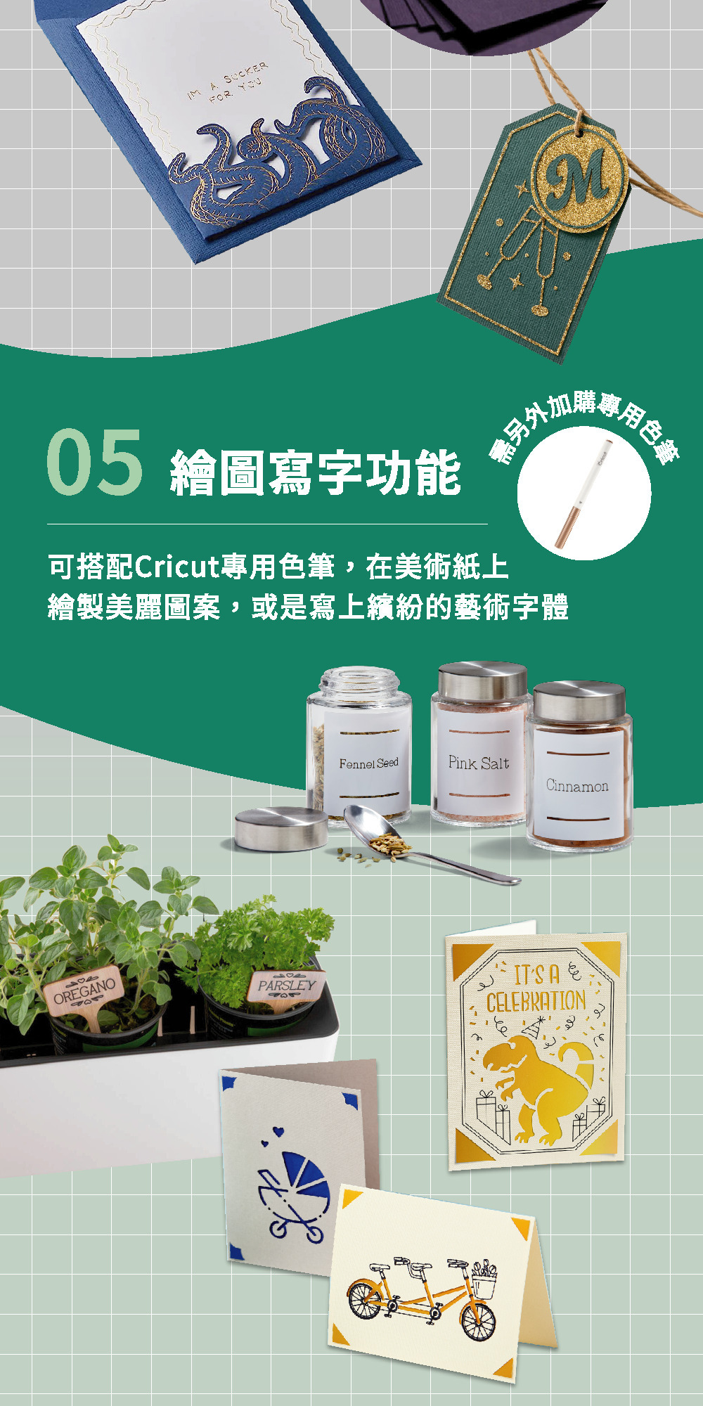A. SUCKERFOR YOU05 繪圖寫字功能另外加購專用色可搭配Cricut專用色筆,在美術紙上繪製美麗圖案,或是寫上繽紛的藝術字體Fennel SeedPink SaltCinnamonOREGANOPARSLEYITSACELEBRATION