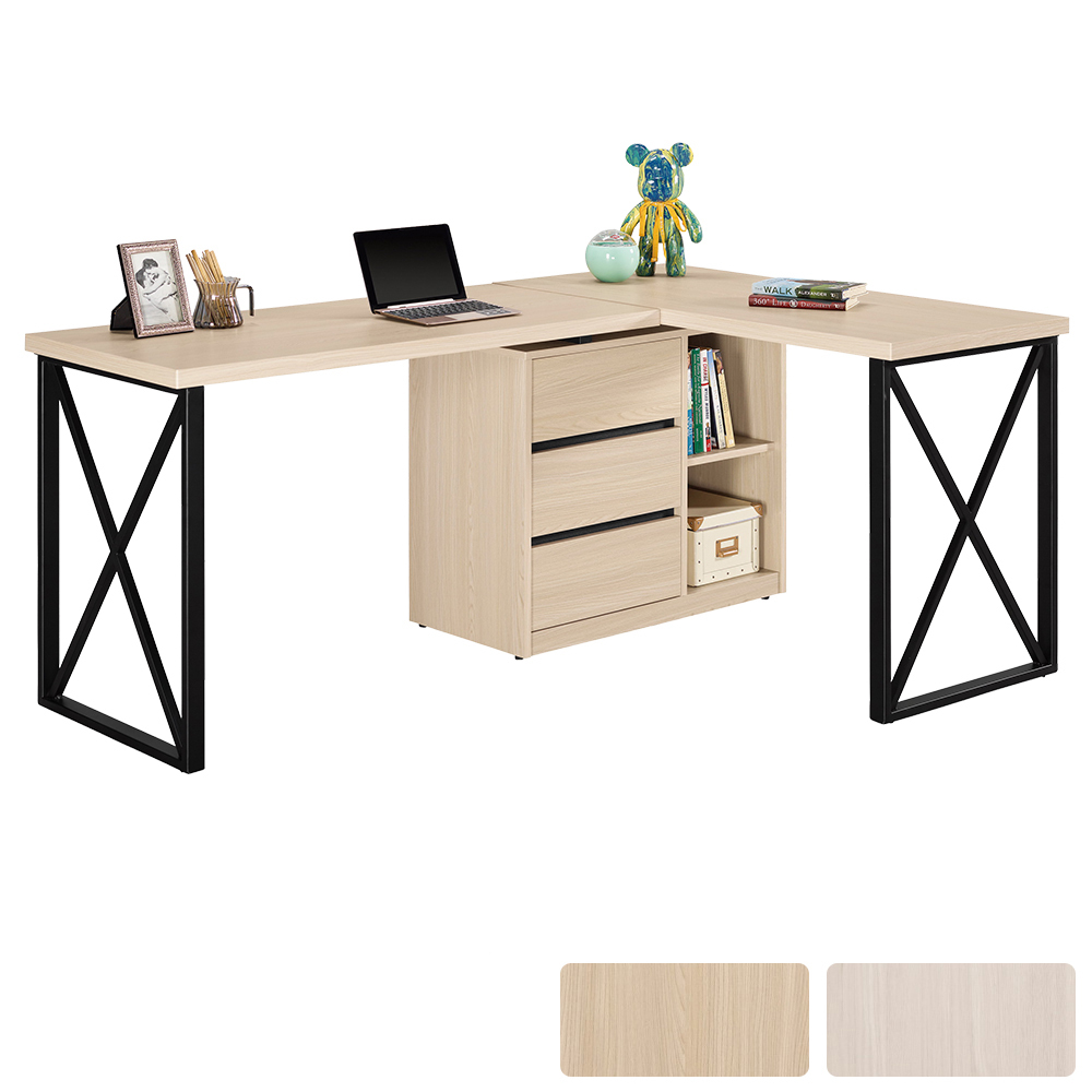 恩洛5.9尺多功能L型伸縮旋轉三抽書桌/工作桌/辦公桌(桌面4尺+5尺-兩色可選)