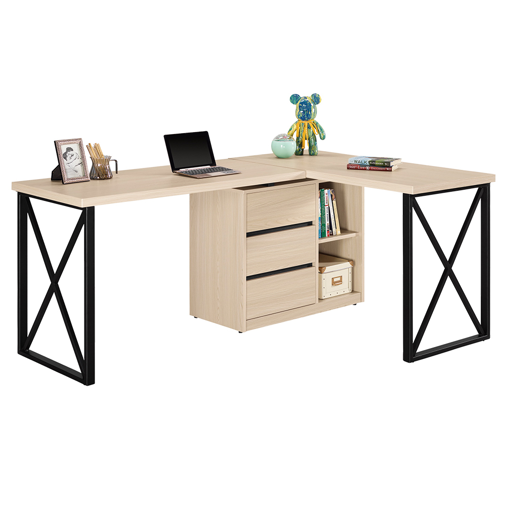 恩洛5.9尺多功能L型伸縮旋轉三抽書桌/工作桌/辦公桌(桌面4尺+5尺-兩色可選)