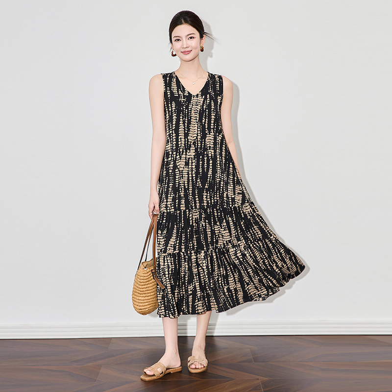 V領無袖印花洋裝 黑色