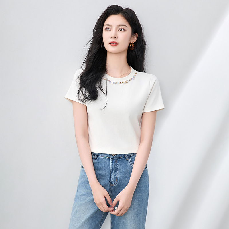 寶石花鑽圓領柔棉上衣 白色