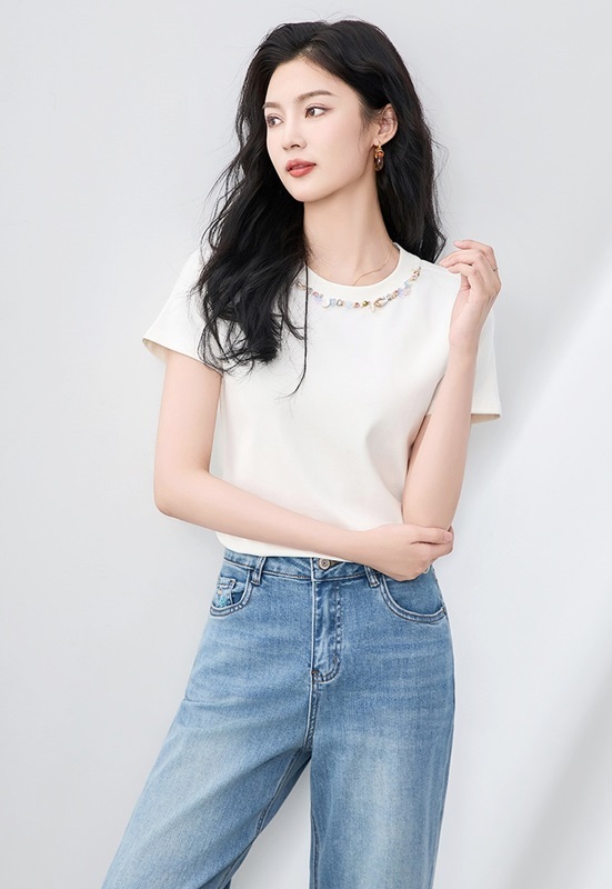 寶石花鑽圓領柔棉上衣 白色