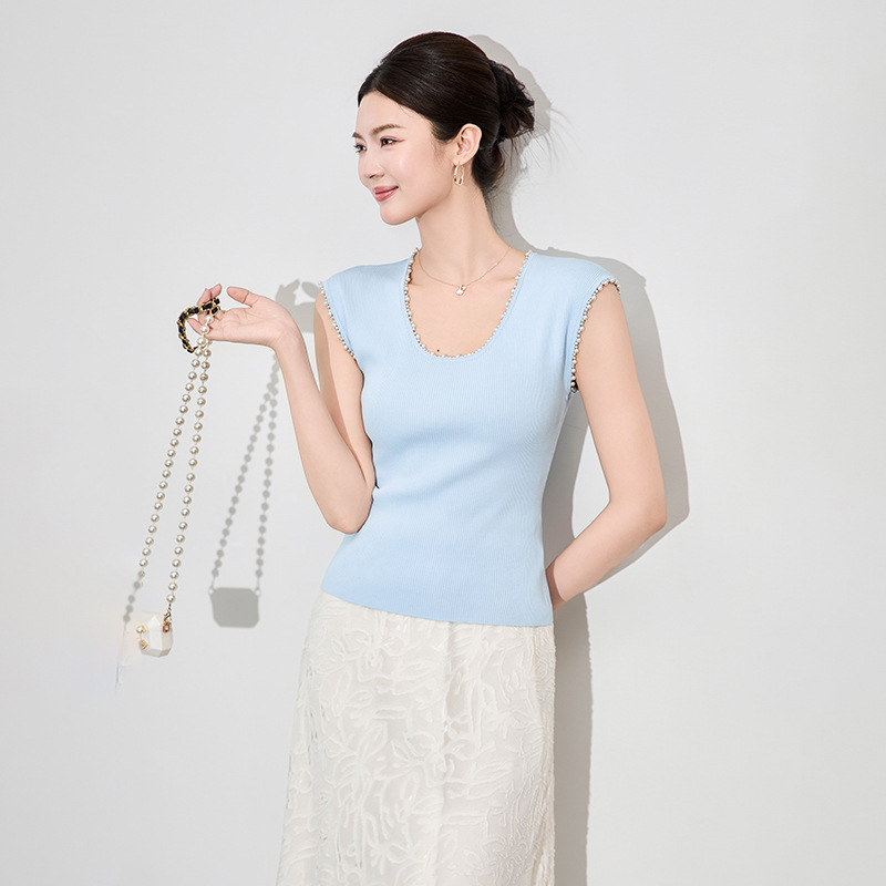 U領珍珠邊針織上衣 三色