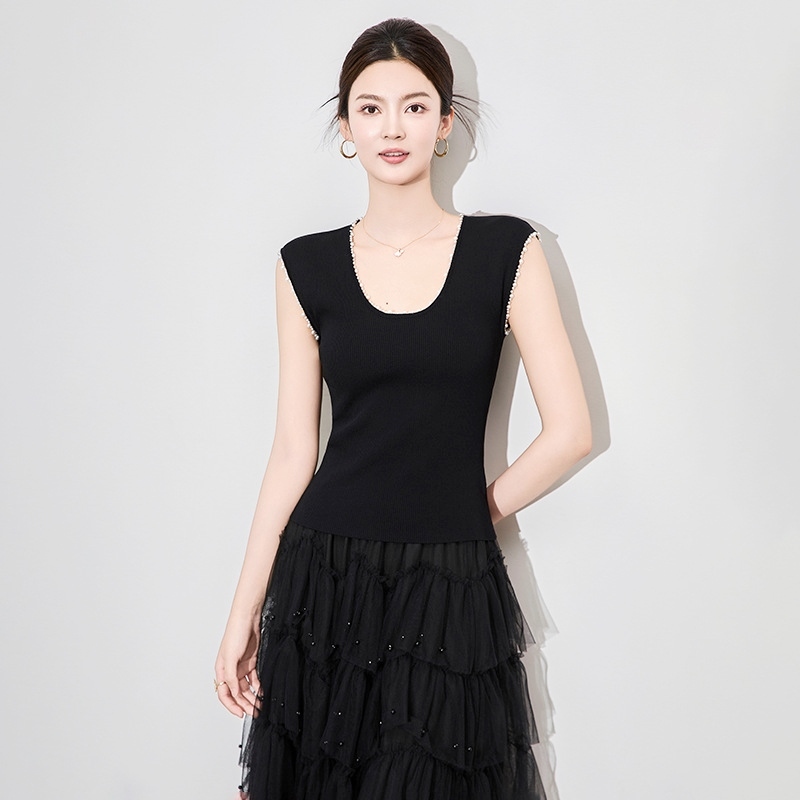 U領珍珠邊針織上衣 三色