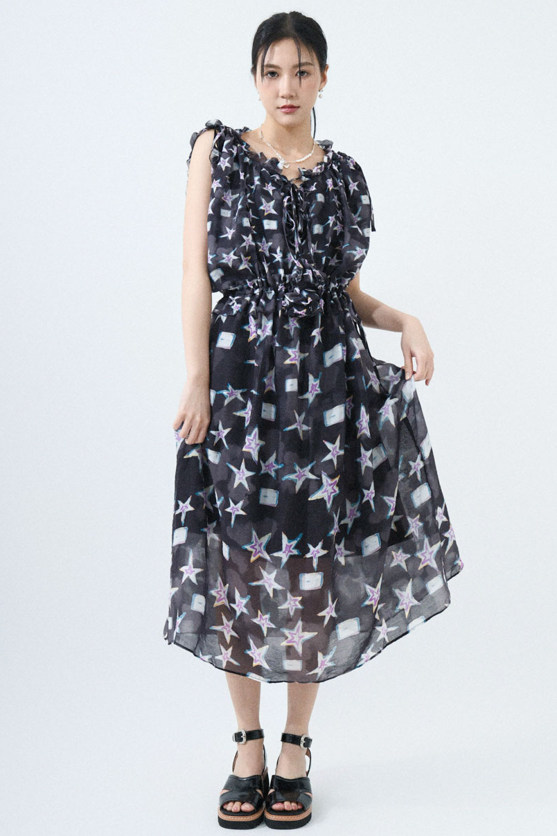 束繩星星雪紡連身長裙 (^現貨款式）