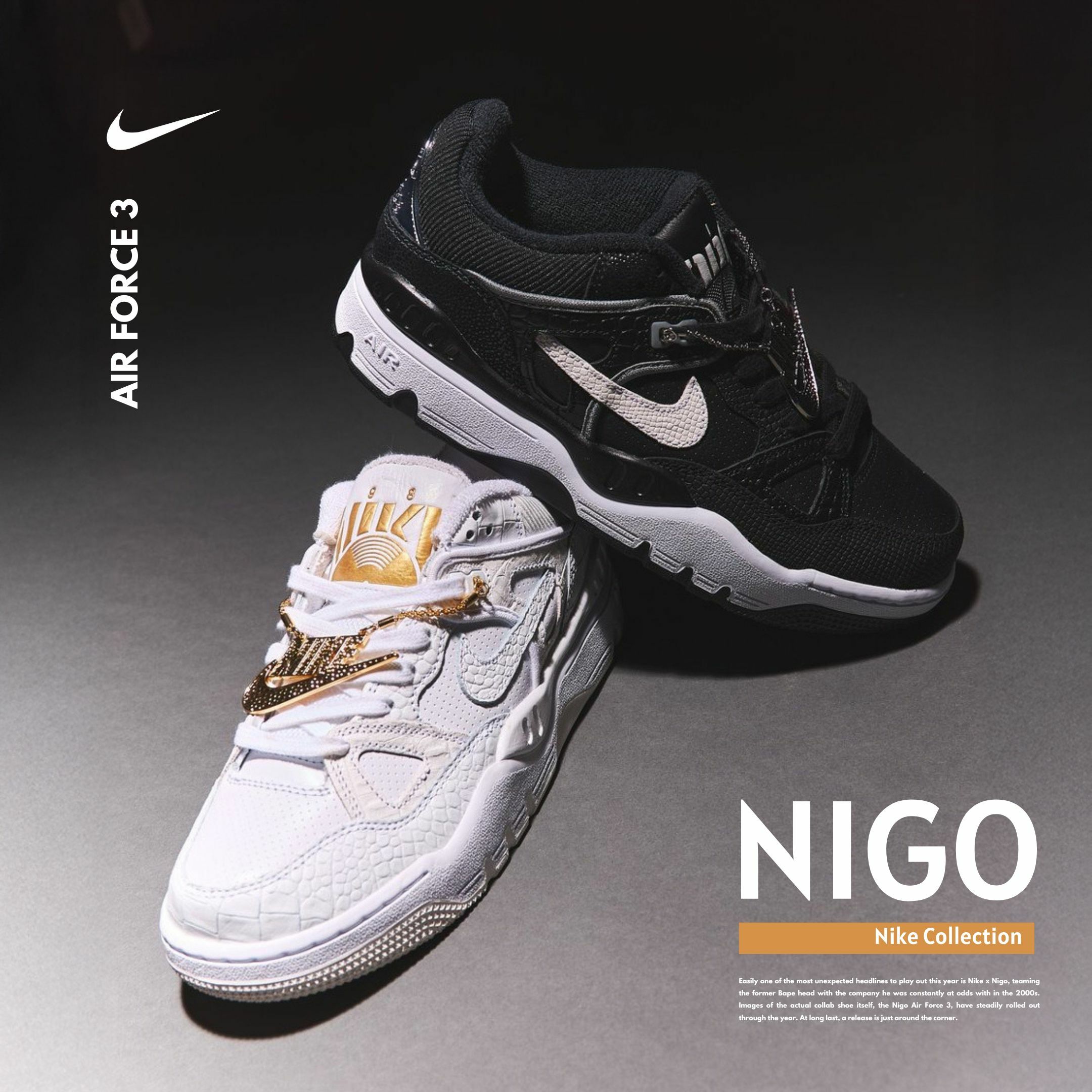 NICEDAY 代購 Nigo x Nike Air Force 3 聯名 黑色 白色 黑白 白金 金標 男鞋