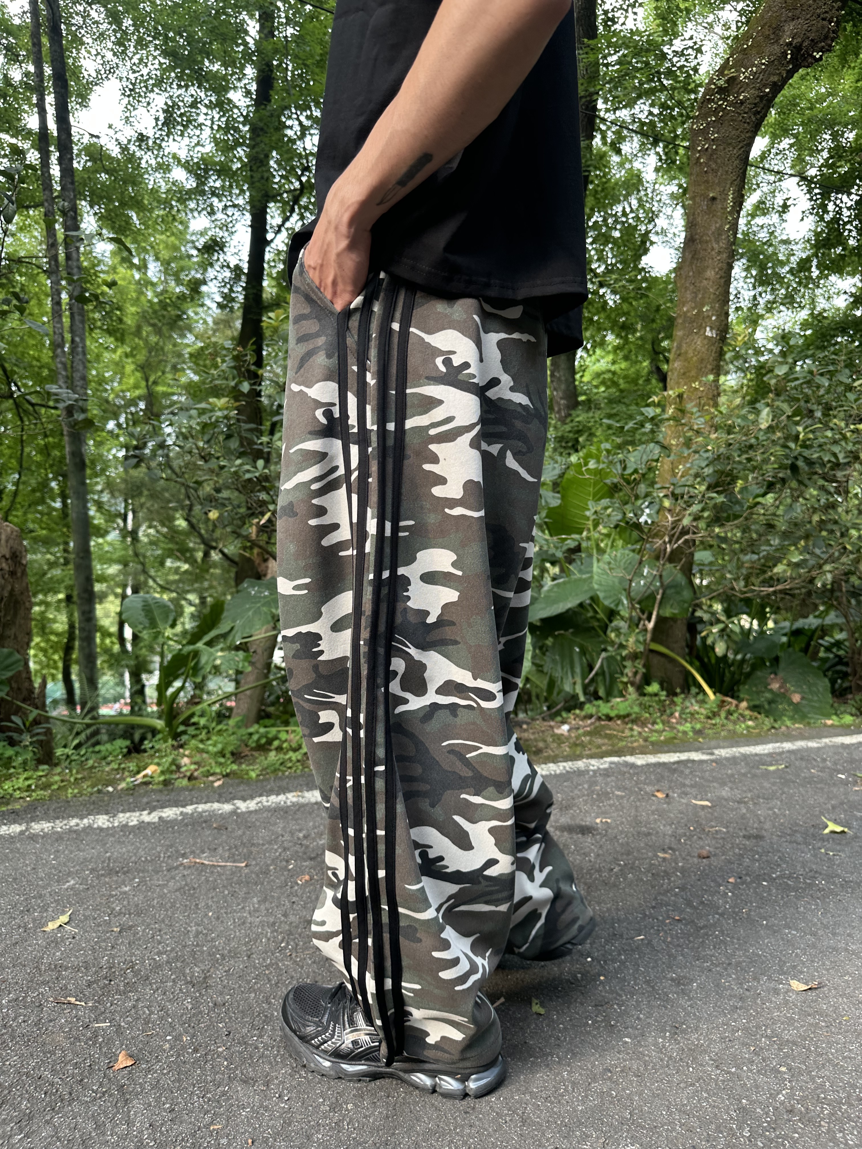 Camo 迷彩 四線 條紋 寬鬆 棉長褲