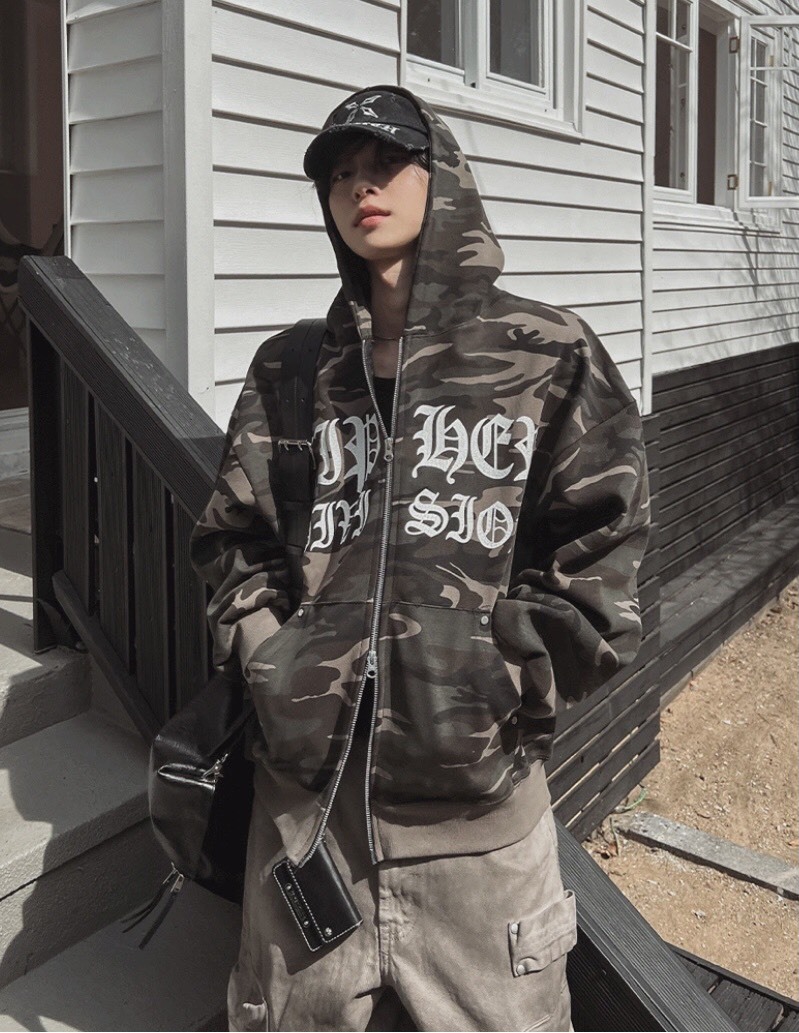 迷彩密碼連帽拉鍊外套