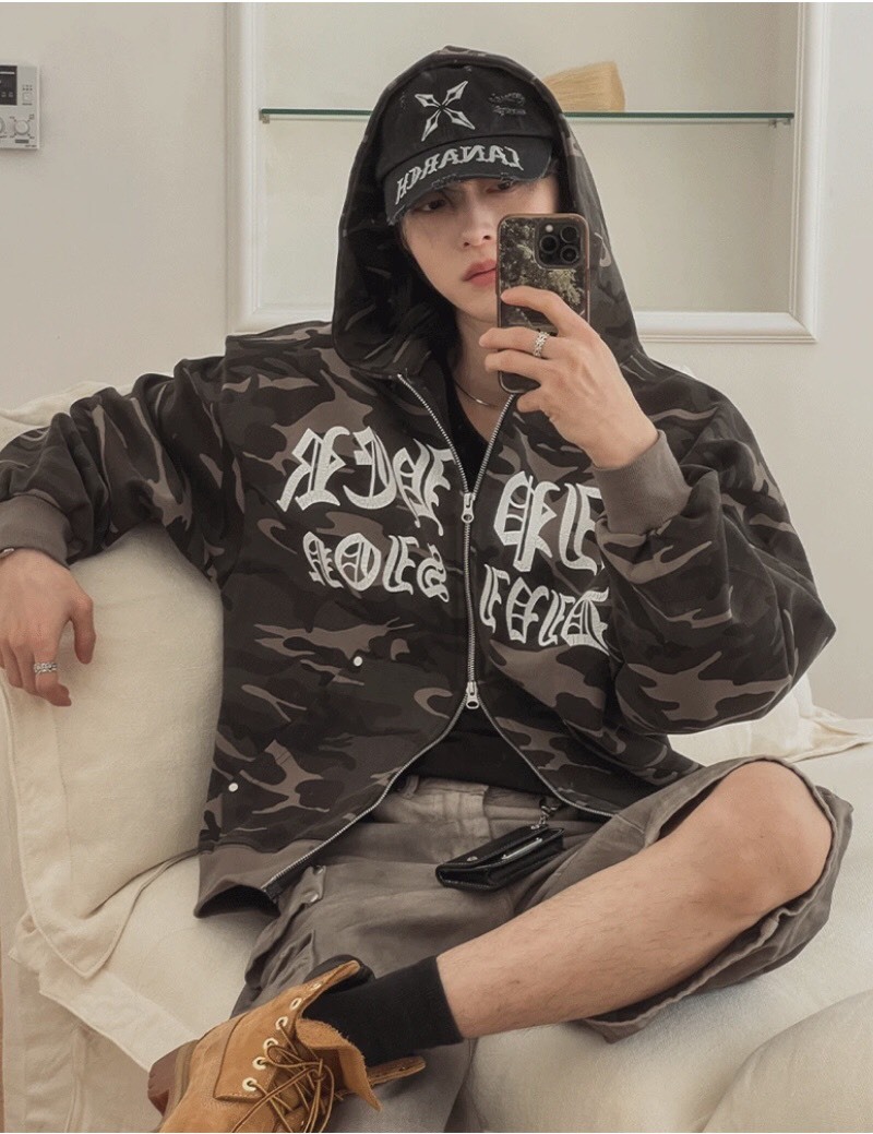 迷彩密碼連帽拉鍊外套
