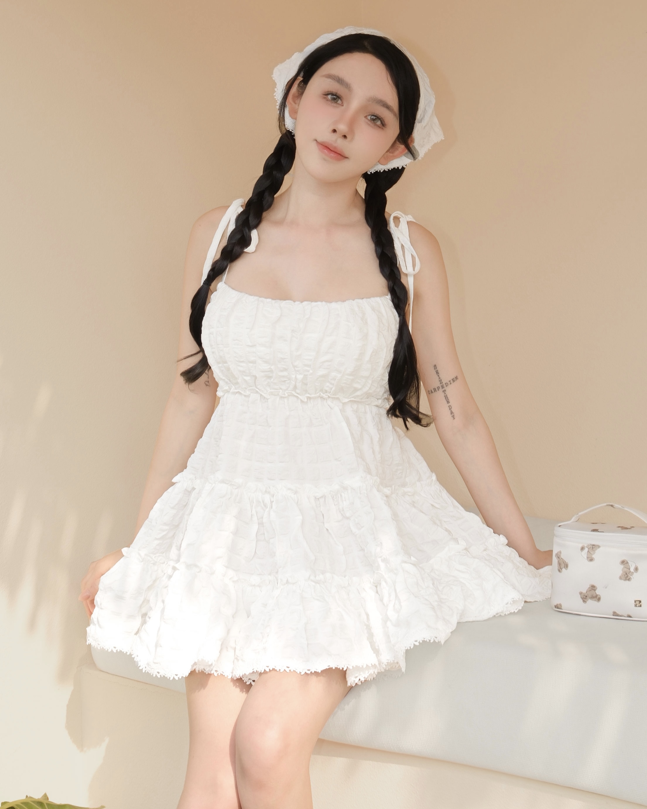 訂製-甜美澎皺格紋花邊傘洋