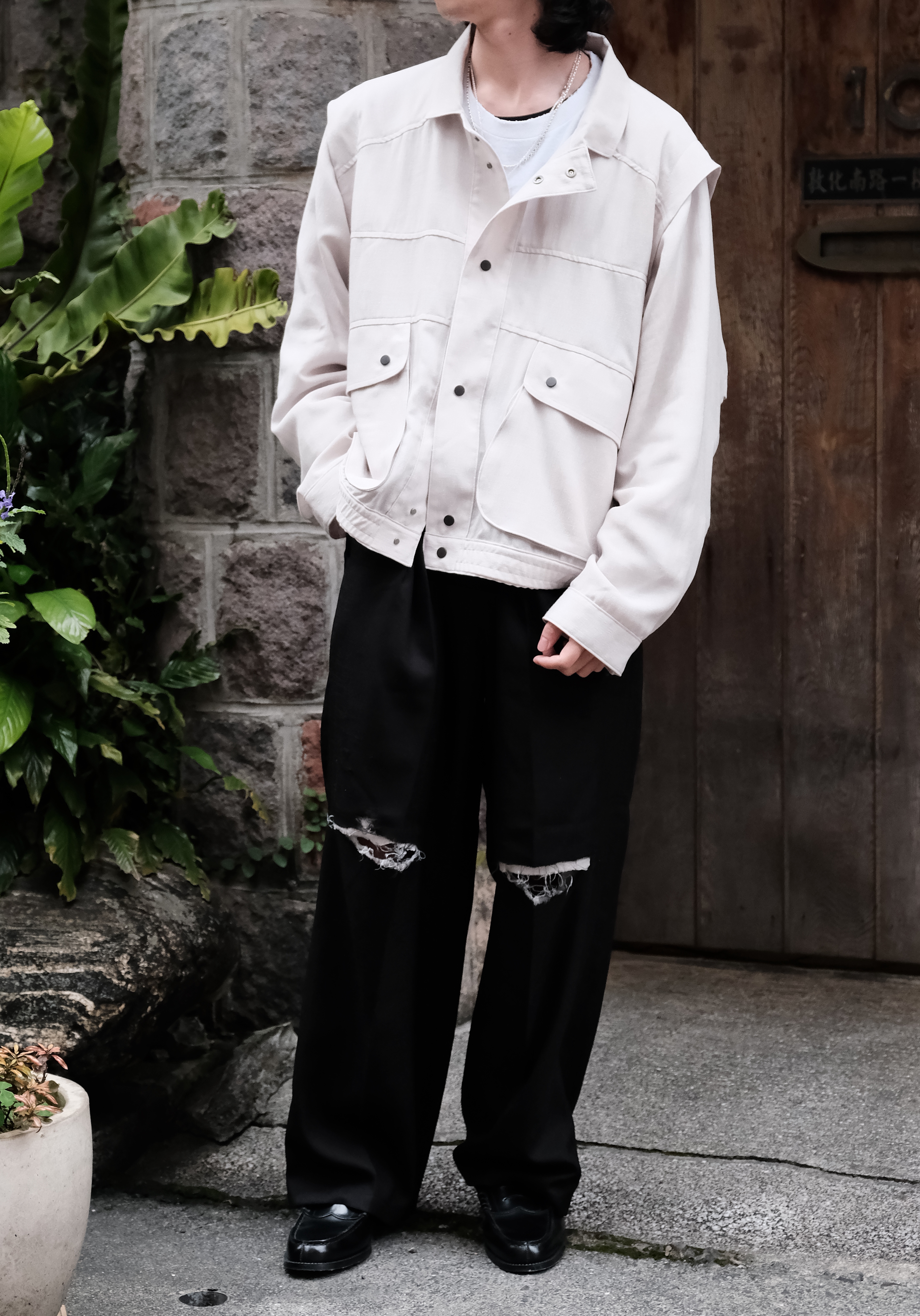ANCELLM - DAMAGE WOOL 2TUCK SLACKS / BLACK