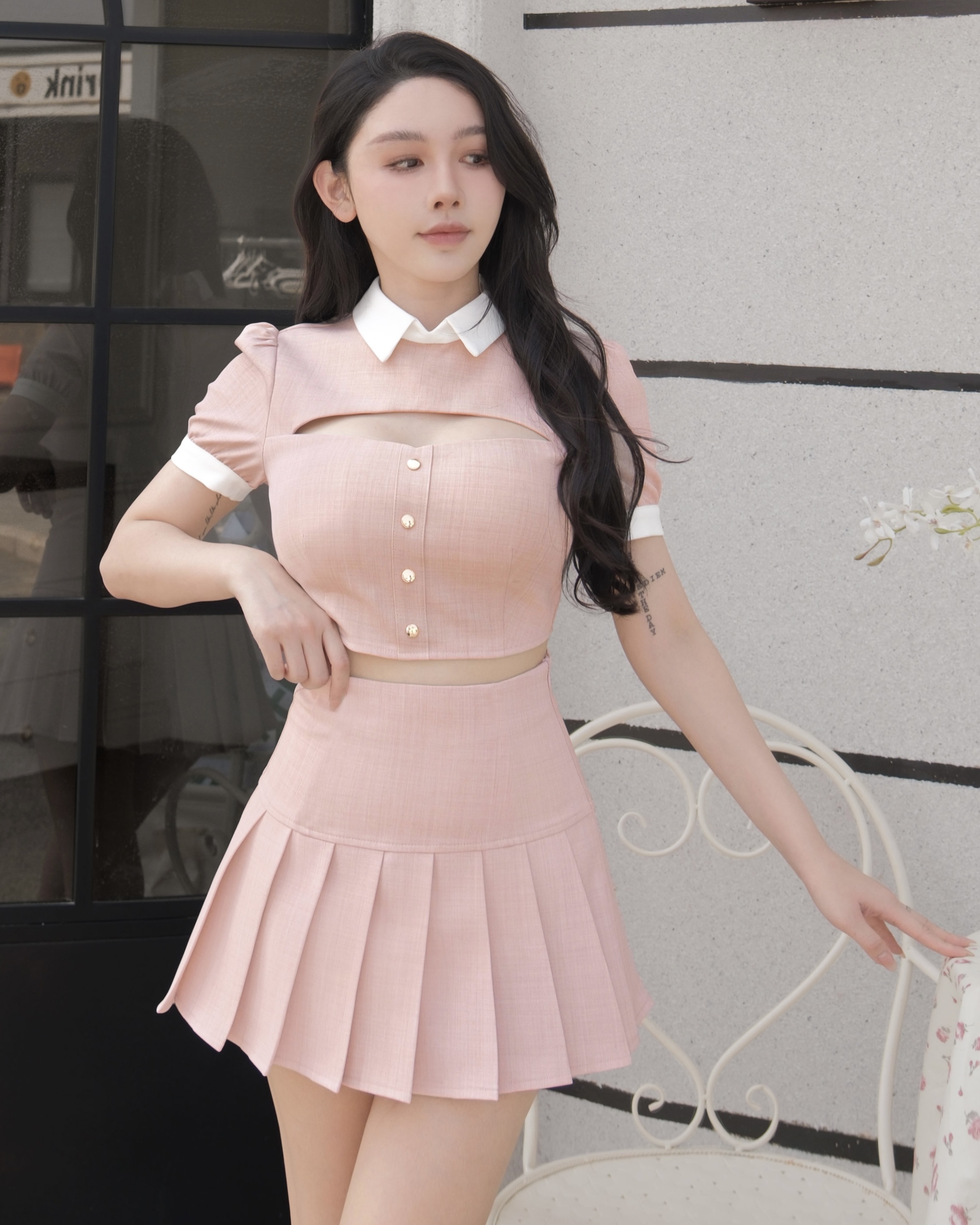 訂製-甜美白領挖胸百褶套裝