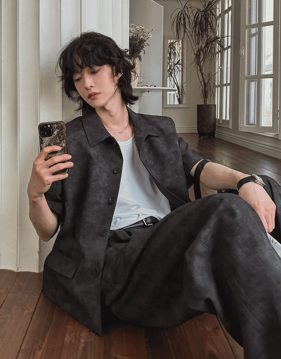 夏季高密度立領短款短袖夾克 雙摺休閒西裝褲