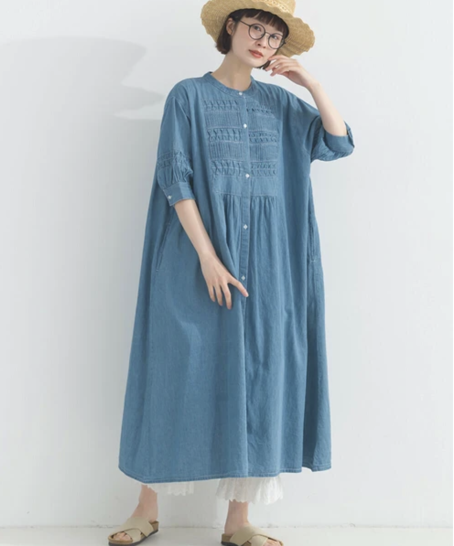 {Special Price} 工藝感褶飾牛仔連身裙【日本直送】