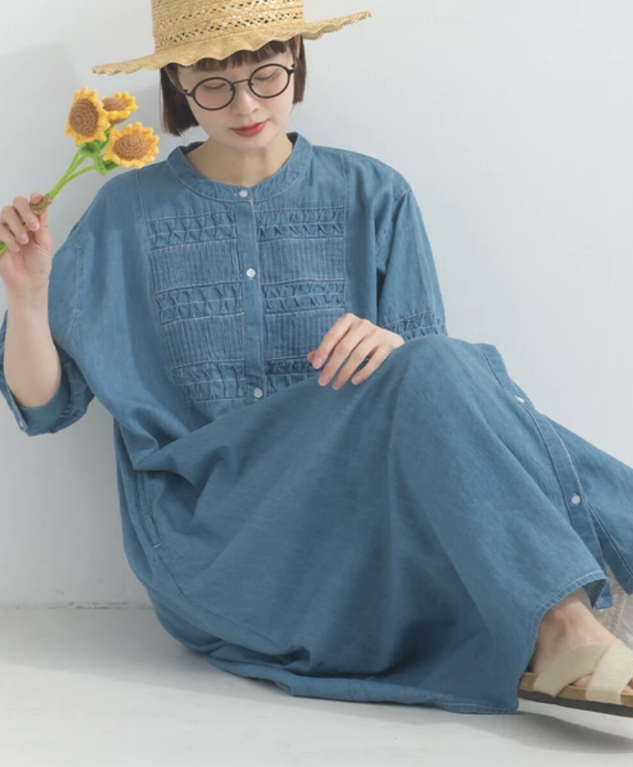 {Special Price} 工藝感褶飾牛仔連身裙【日本直送】