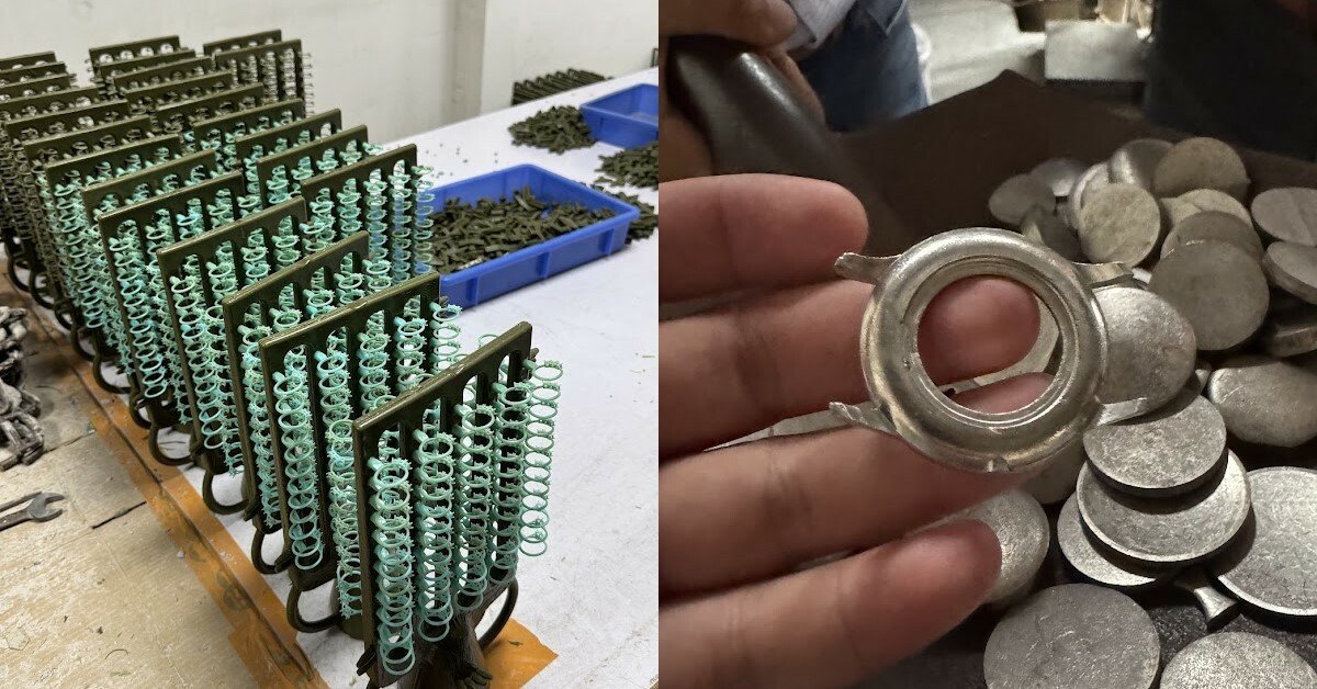 白鋼飾品製造流程圖:左為白鋼戒指蠟模上蠟排列,右為白鋼原料壓鑄成型零件展示