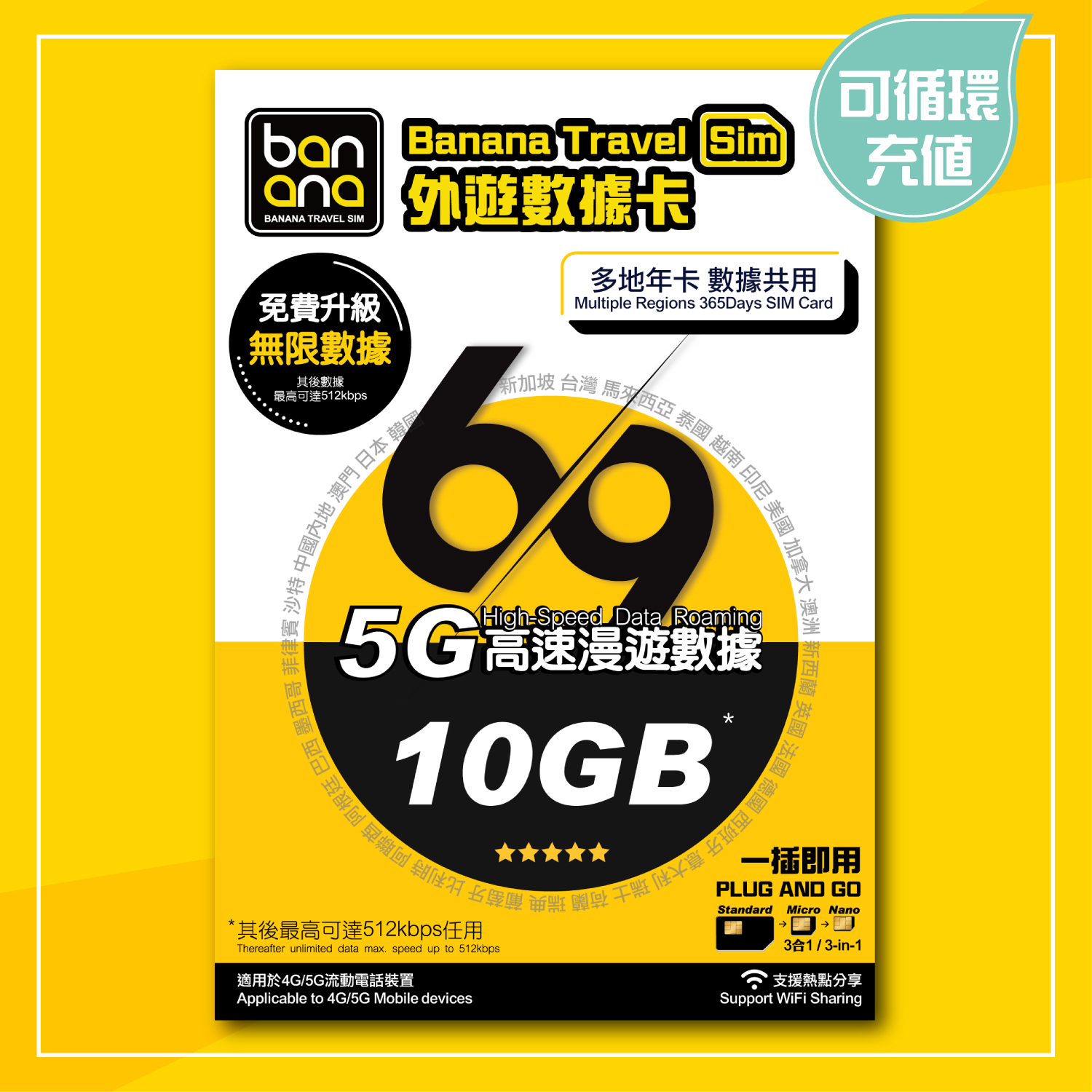 69地 365天 5G 10GB 高速漫遊無限數據年卡