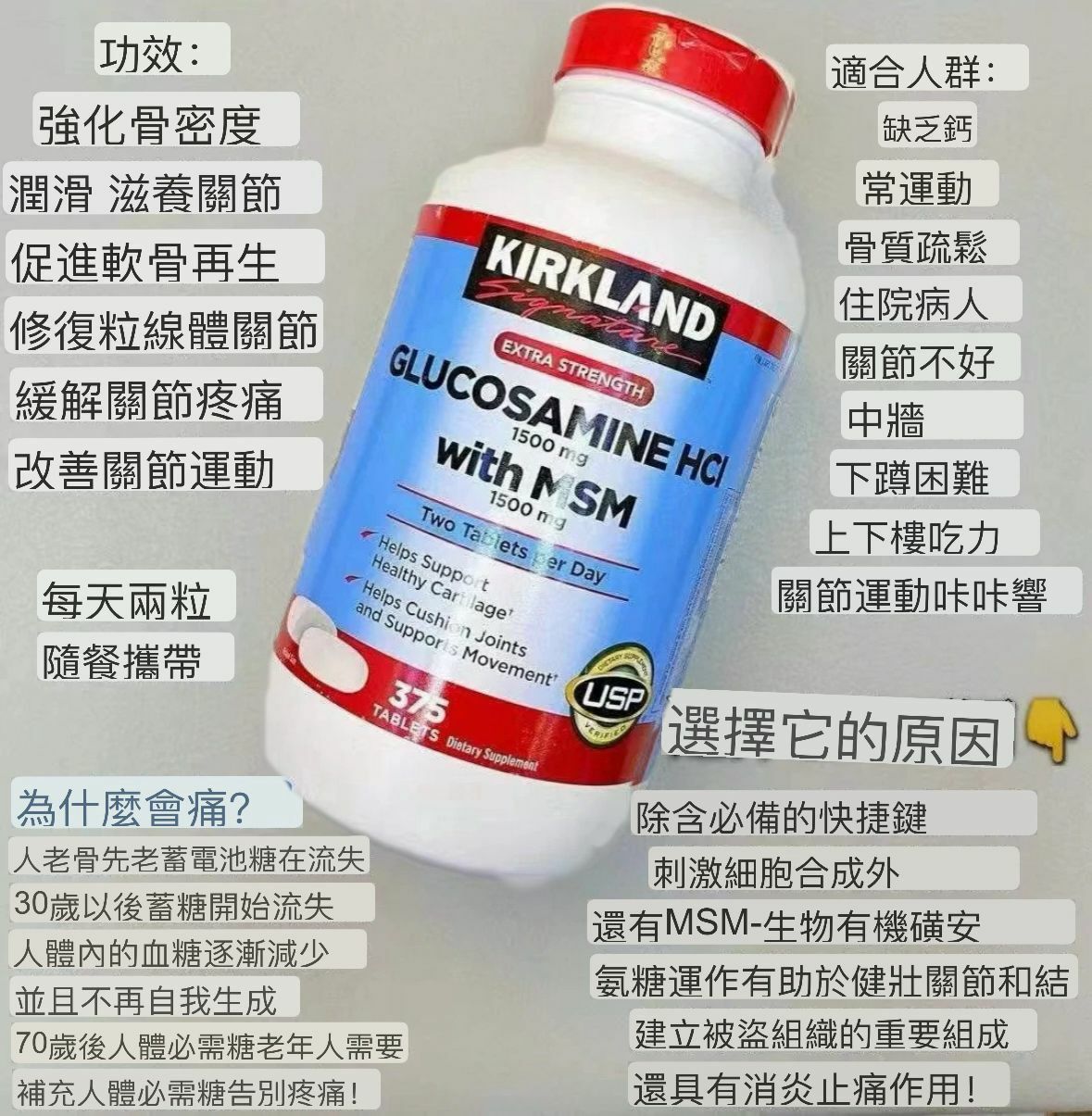 【預購】Kirkland Signature Glucosamine HCl 1500mg + MSM 1500mg G042422 375粒