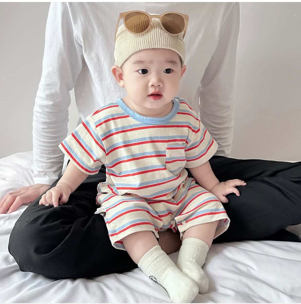 條紋小口袋短袖包屁衣